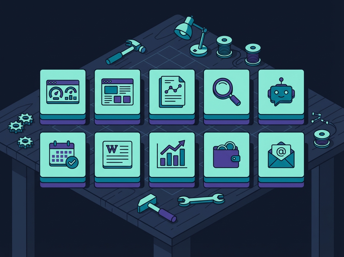 Workbench with 10 project cards showing dashboards, websites, reports, bots, and more