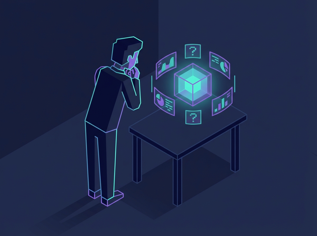 Person pondering at desk with holographic cube and floating screens