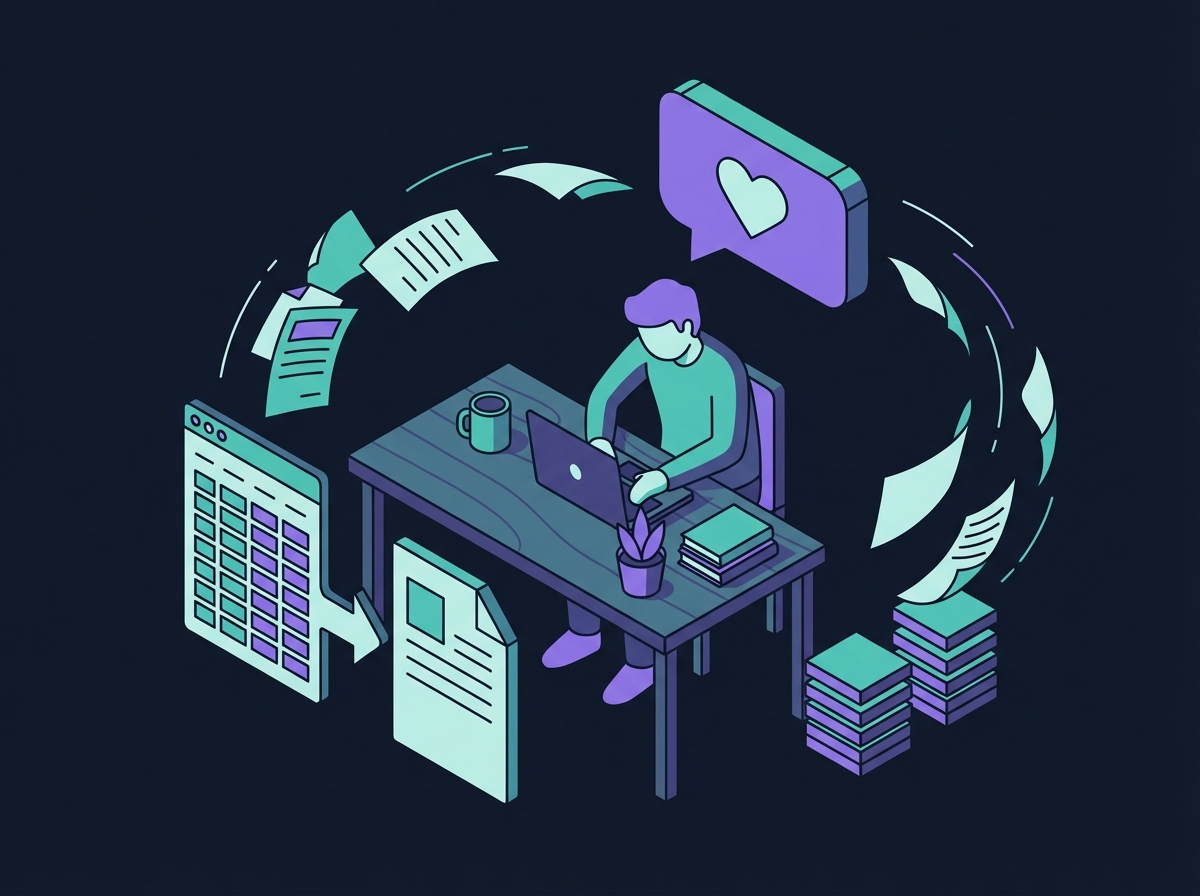 Person at desk with documents flowing in a creative arc