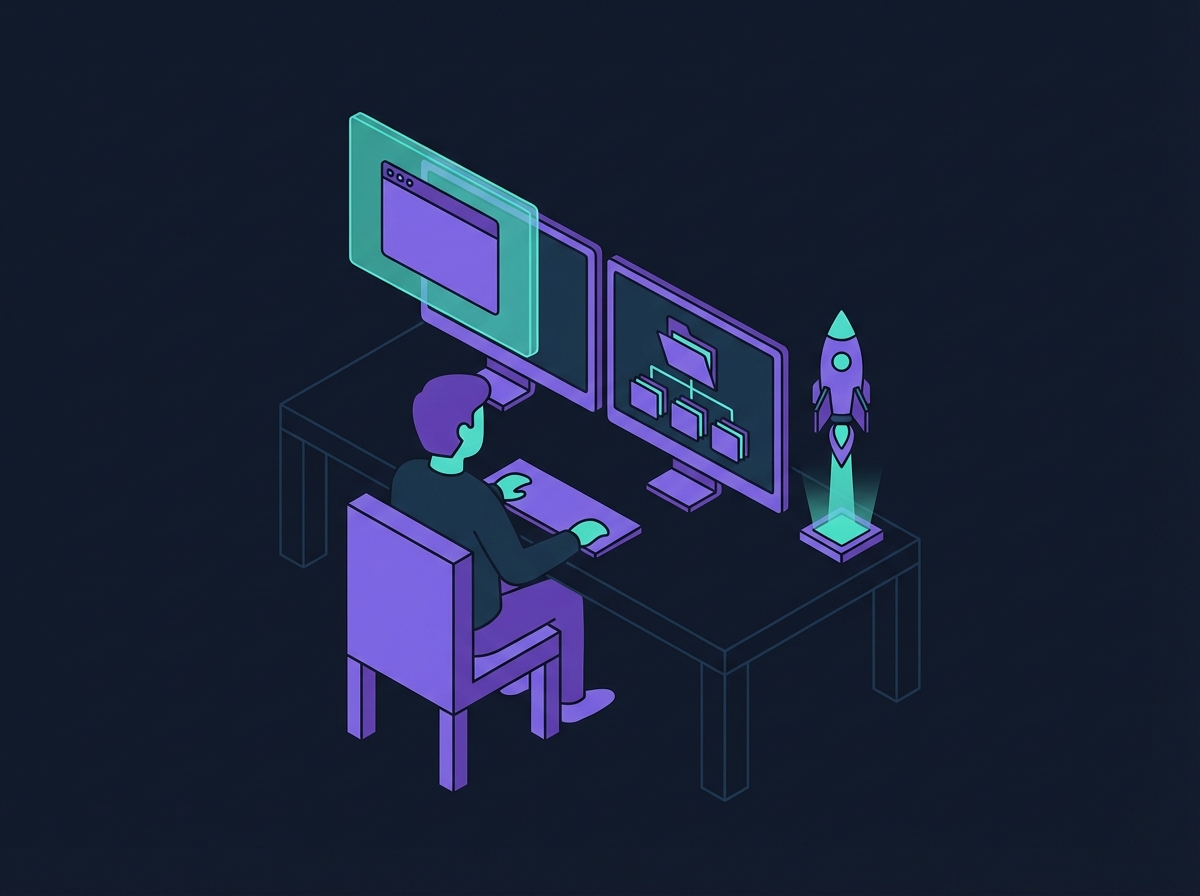 Person at dual monitors with project folders and rocket