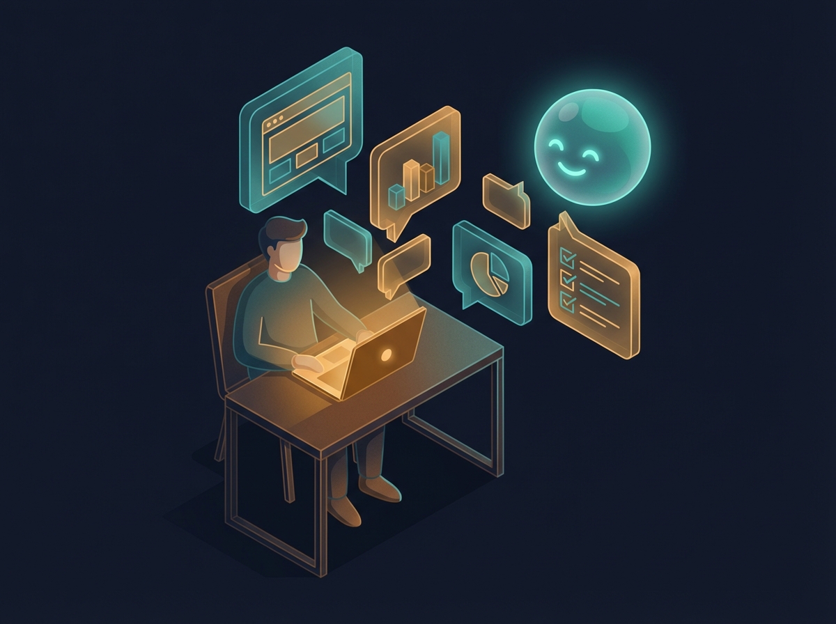 Person at laptop with chat bubbles, charts, and AI assistant