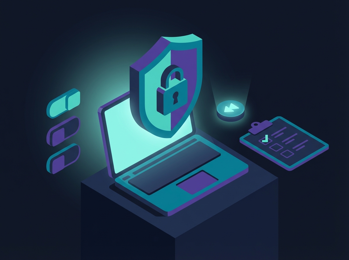 Laptop with security shield and lock, checklist tablet nearby