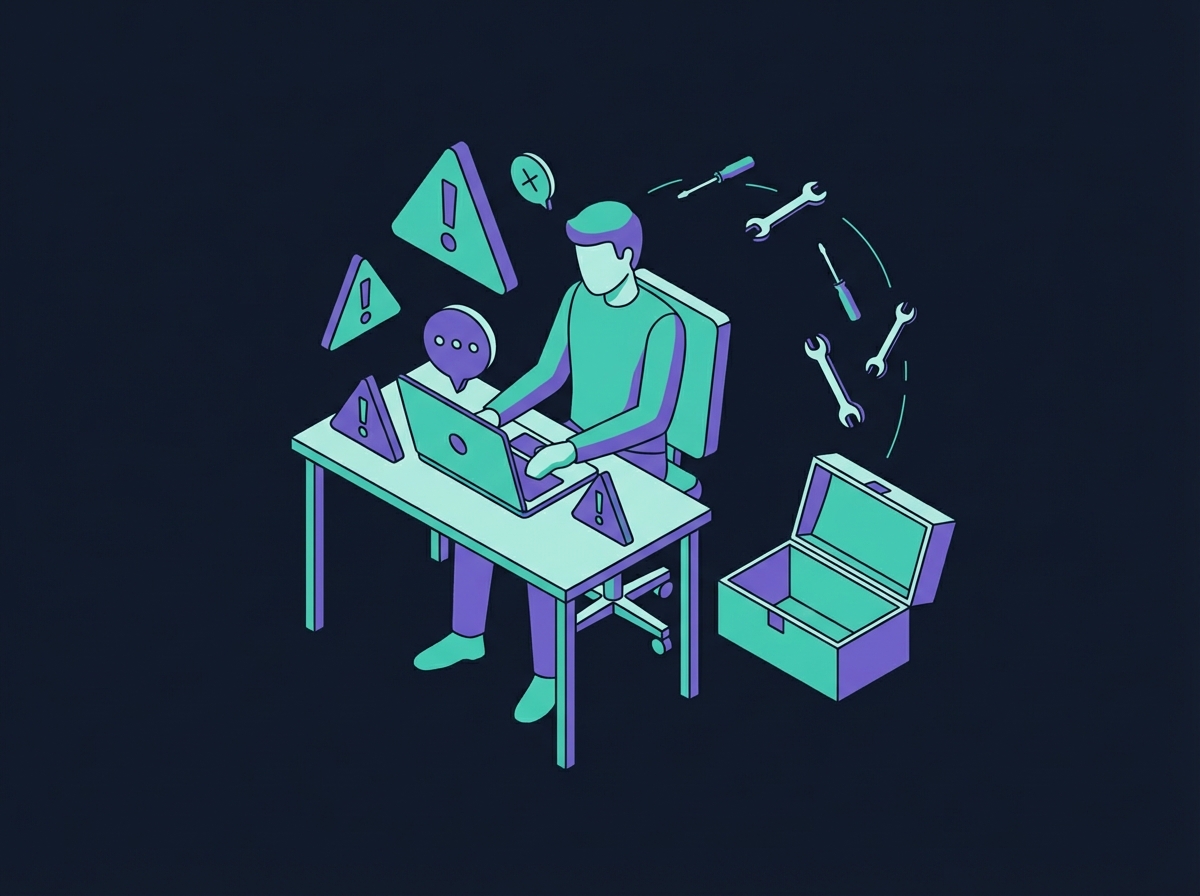 Person at desk with warning triangles and open toolbox