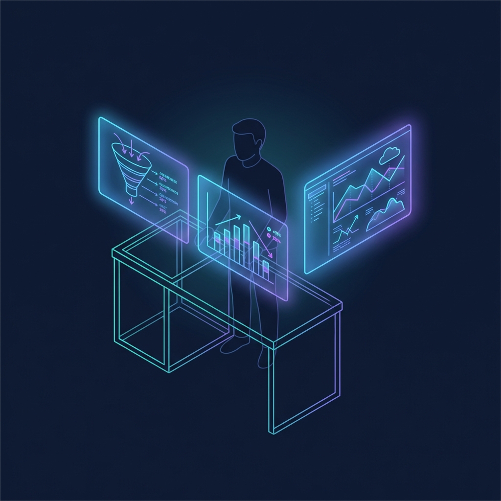 Confident marketer standing in front of campaign dashboard with funnel and charts