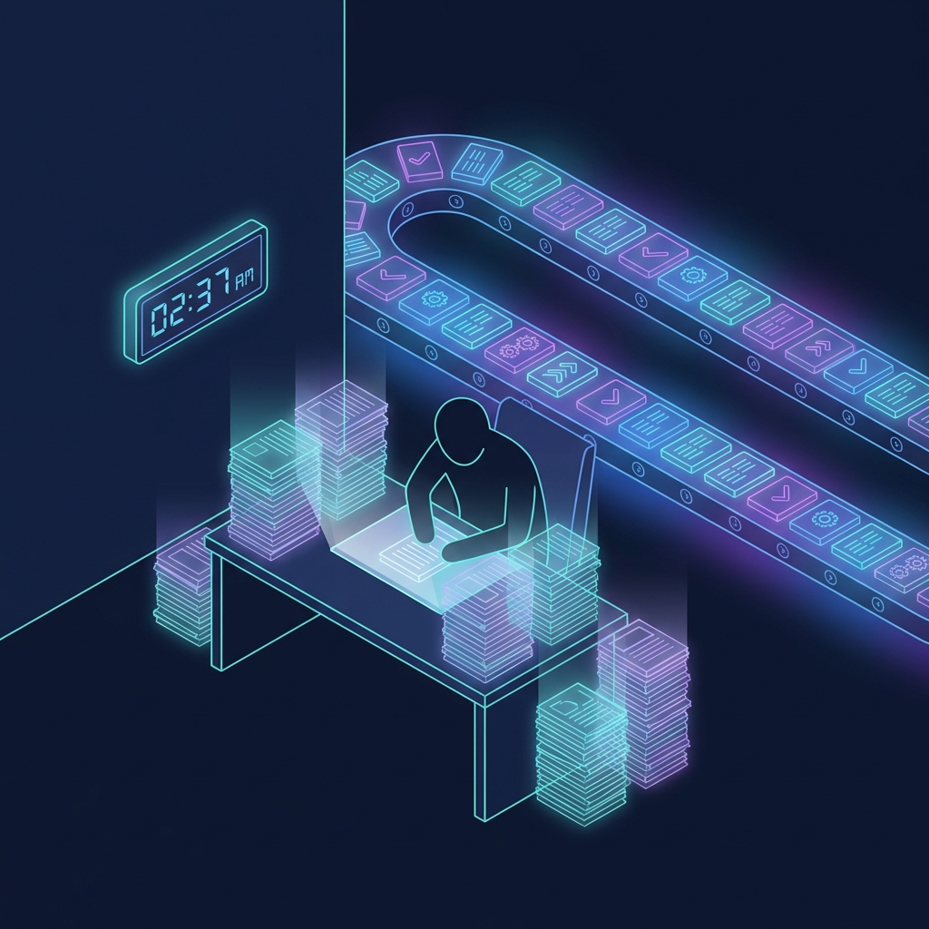 Automated workflow machine with conveyor belt, gears, and clock saving time