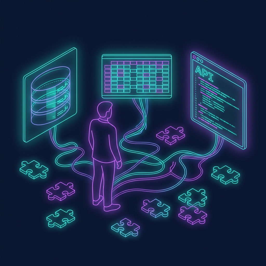 Connected data nodes flowing into a custom internal tool dashboard